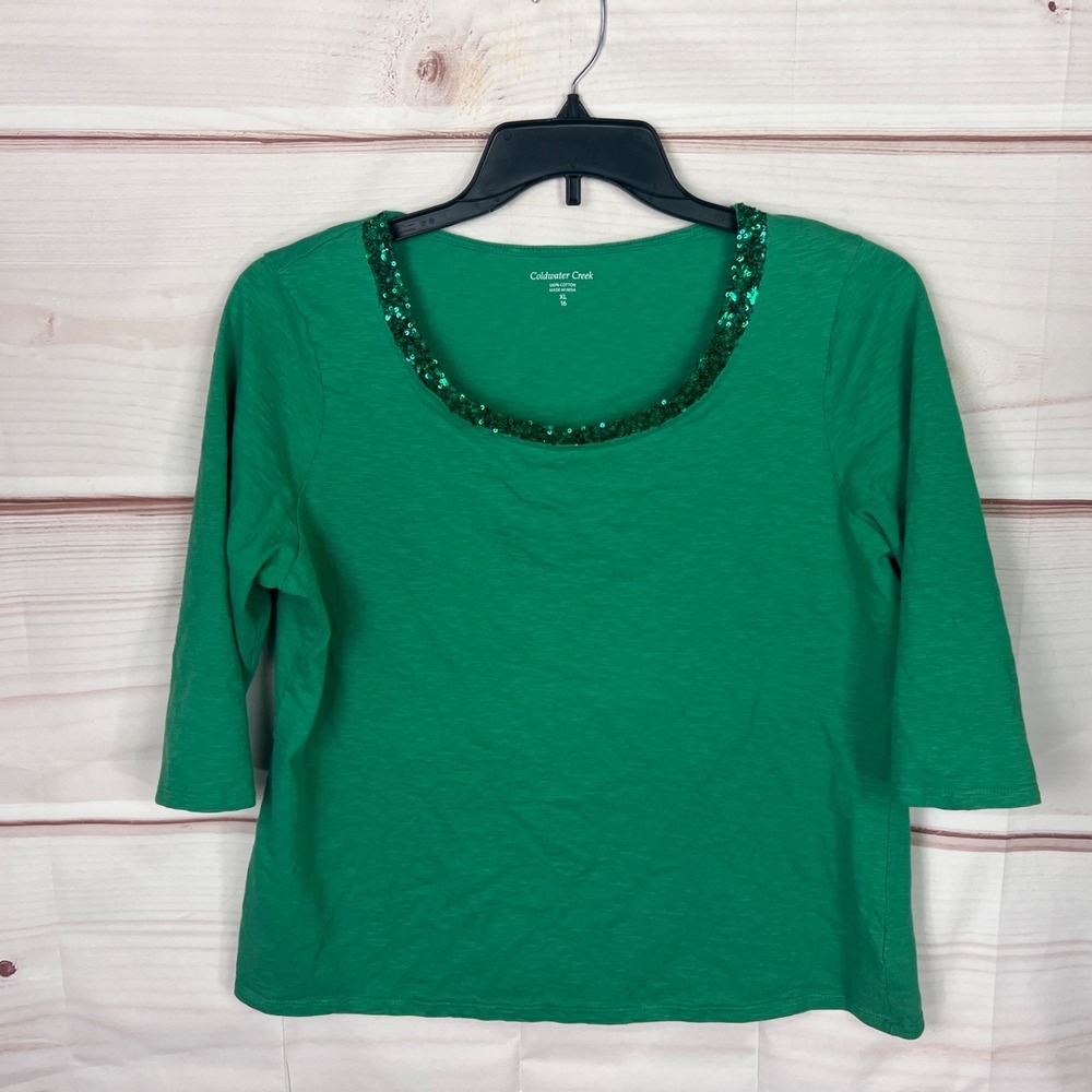 Coldwater Creek Top Womens XL Green Sequin Neck T-Shirt 3/4 Sleeve Cotton Slub